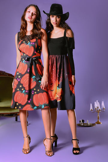 Halloween Pumpkin Printed Black Orange Vintage Dress